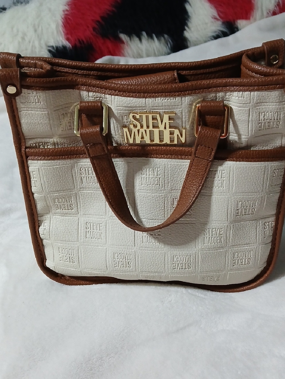 Steve Madden Cream and Brown Trim Tote with Gold Logo